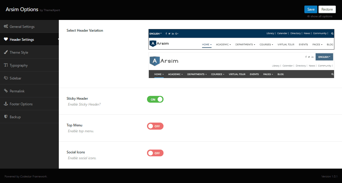 Header Settings