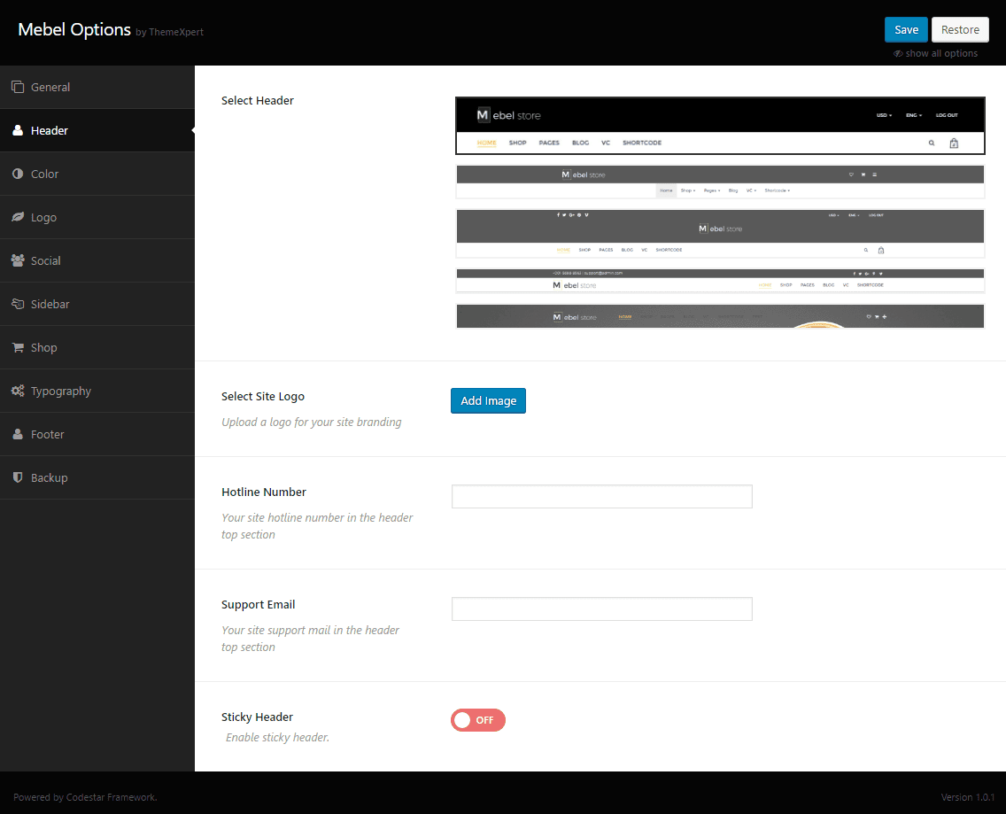 Header Settings