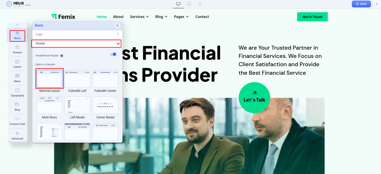 header setup